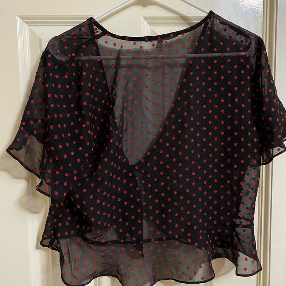 BCBG Generation Sheer Black Top with Red Polka Dots - Picture 4 of 4